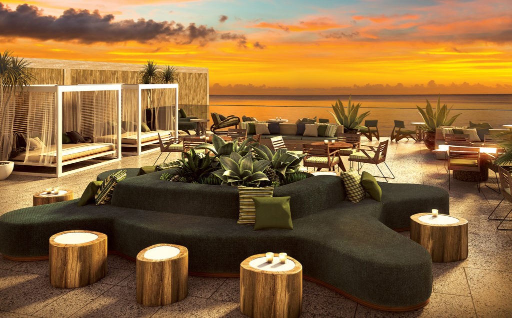 Rooftop lounge facing a spectacular sunset