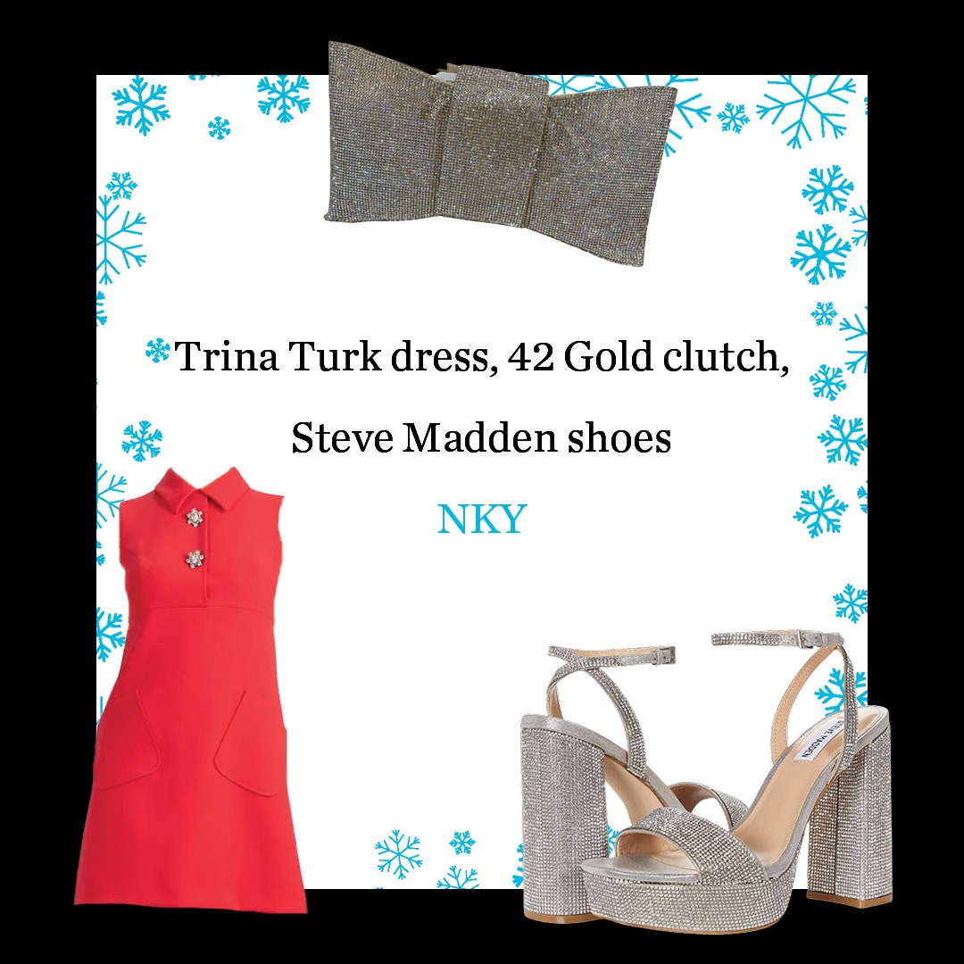 Dress, gold clutch and Steve Madden shoes